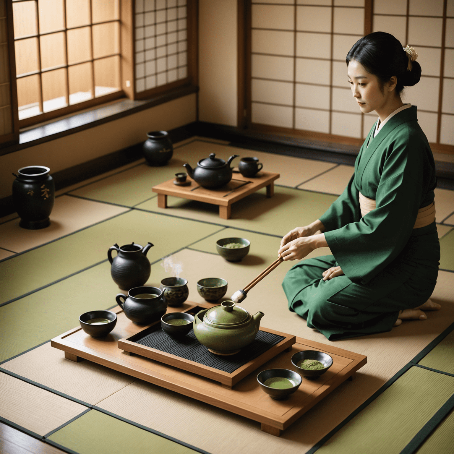 A traditional Japanese tea ceremony setting with tatami mats, a low table, and elegant tea utensils. A host is preparing matcha tea while guests observe in seiza position.