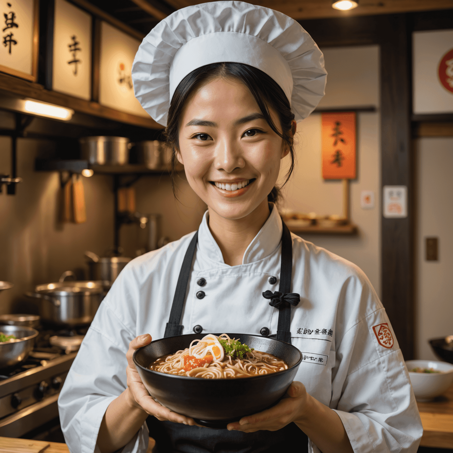 Smiling Japanese woman in chef's attire holding a bowl of ramen