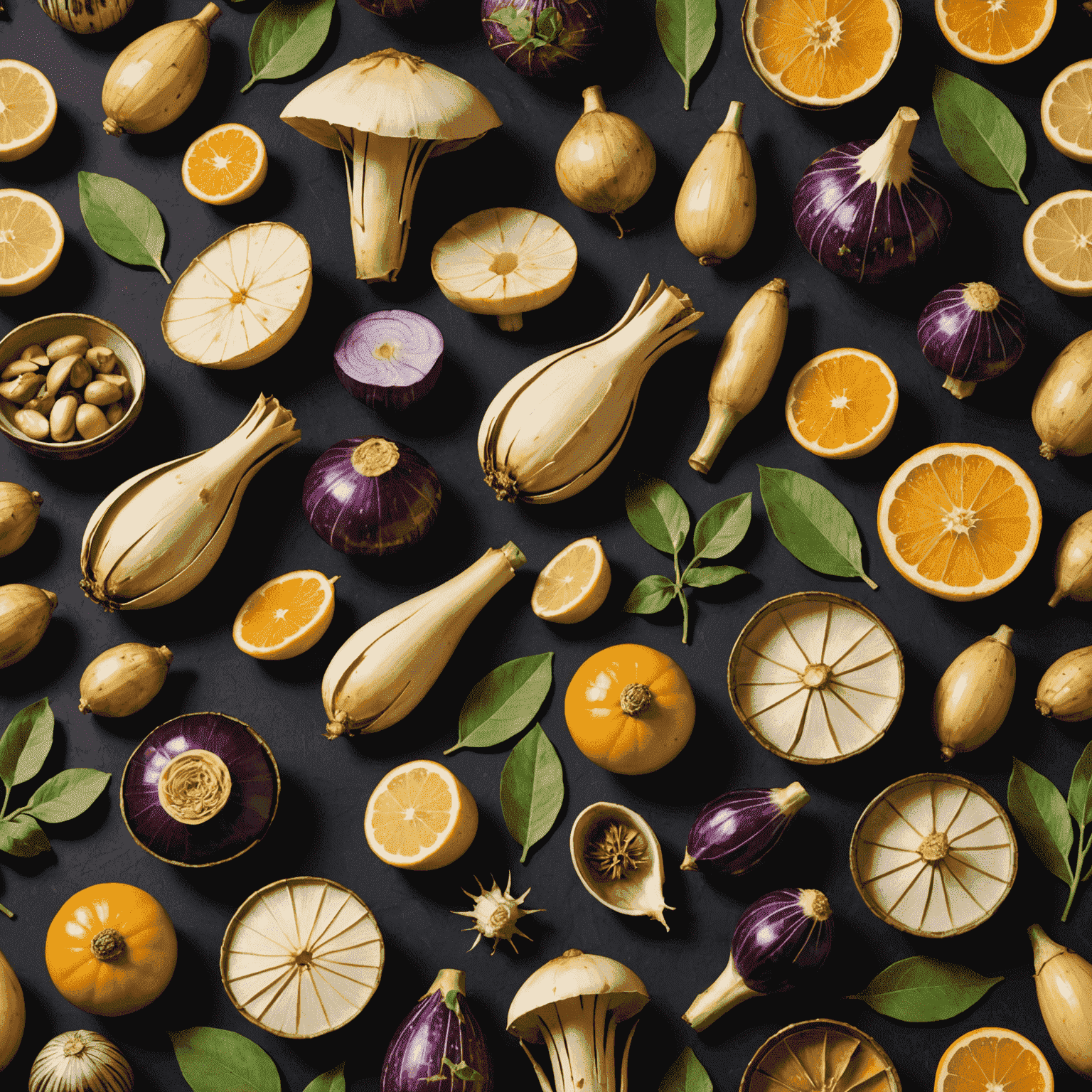 A colorful array of seasonal Japanese ingredients including spring bamboo shoots, summer eggplants, autumn mushrooms, and winter yuzu