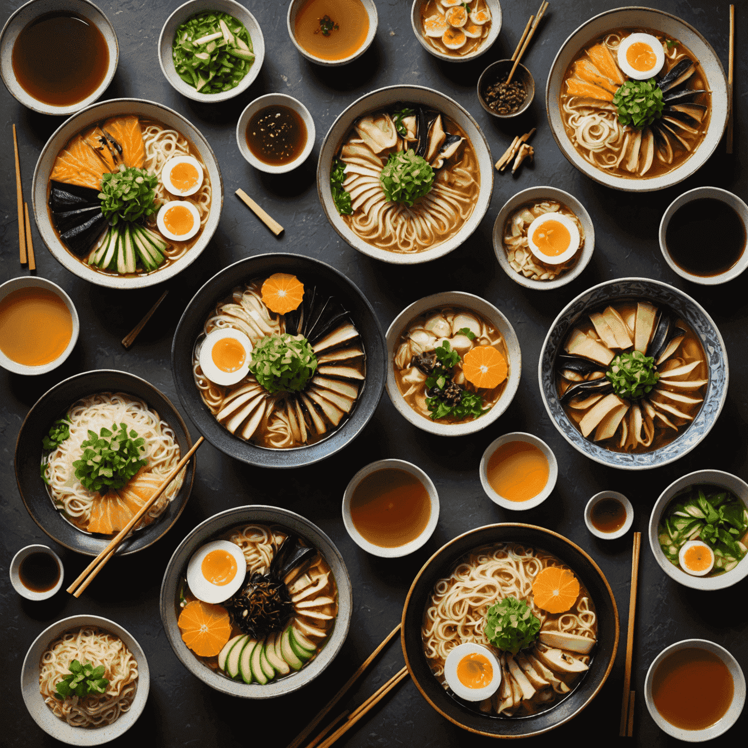 A beautiful spread of seasonal Japanese dishes including spring bamboo shoot ramen, summer grilled ayu, autumn mushroom rice, and winter citrus-infused hot pot