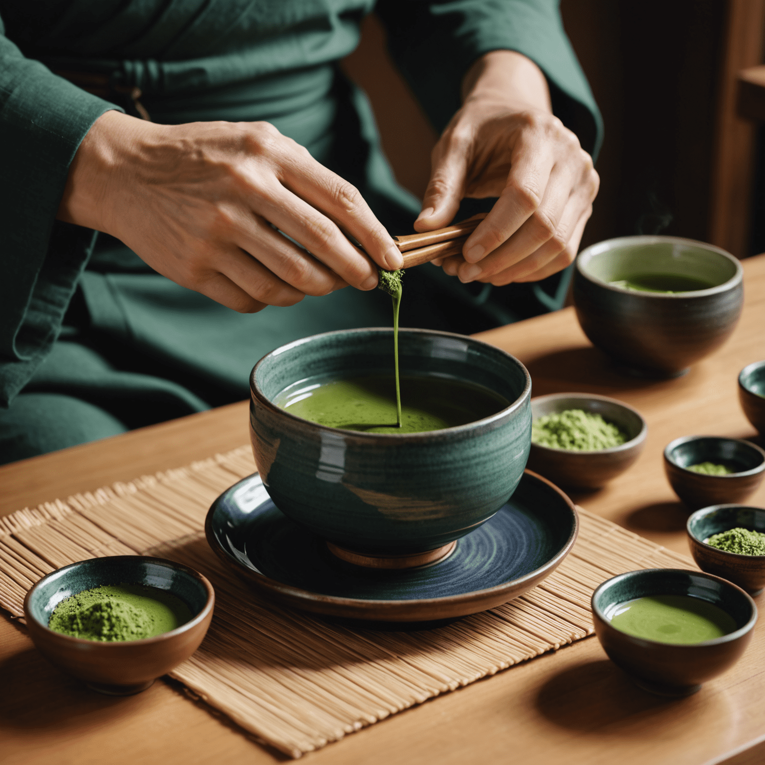 Close-up of hands performing the tea ceremony, showing the careful whisking of matcha in a beautiful ceramic bowl. The image captures the precision and grace of the movements.