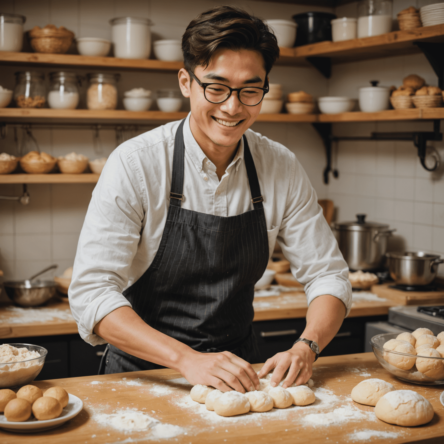 Young man with glasses smiling while kneading dough for Japanese baked goods