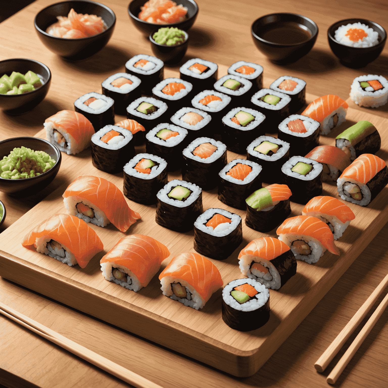 A variety of homemade sushi rolls including maki, uramaki, and nigiri, arranged on a traditional wooden sushi board with wasabi and pickled ginger
