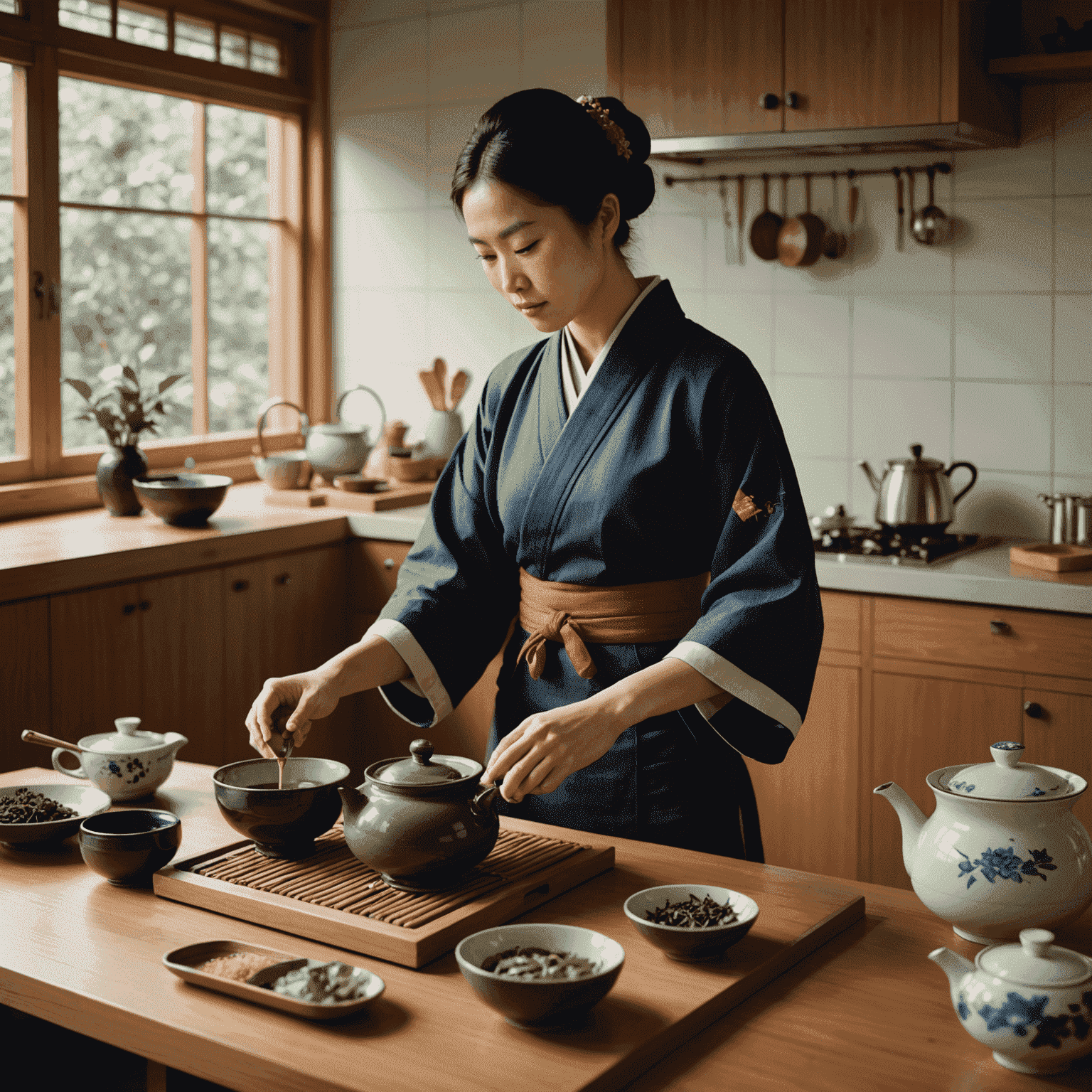 A modern interpretation of the tea ceremony, showing a person preparing tea mindfully in a contemporary kitchen setting, demonstrating how the principles can be applied to everyday life.