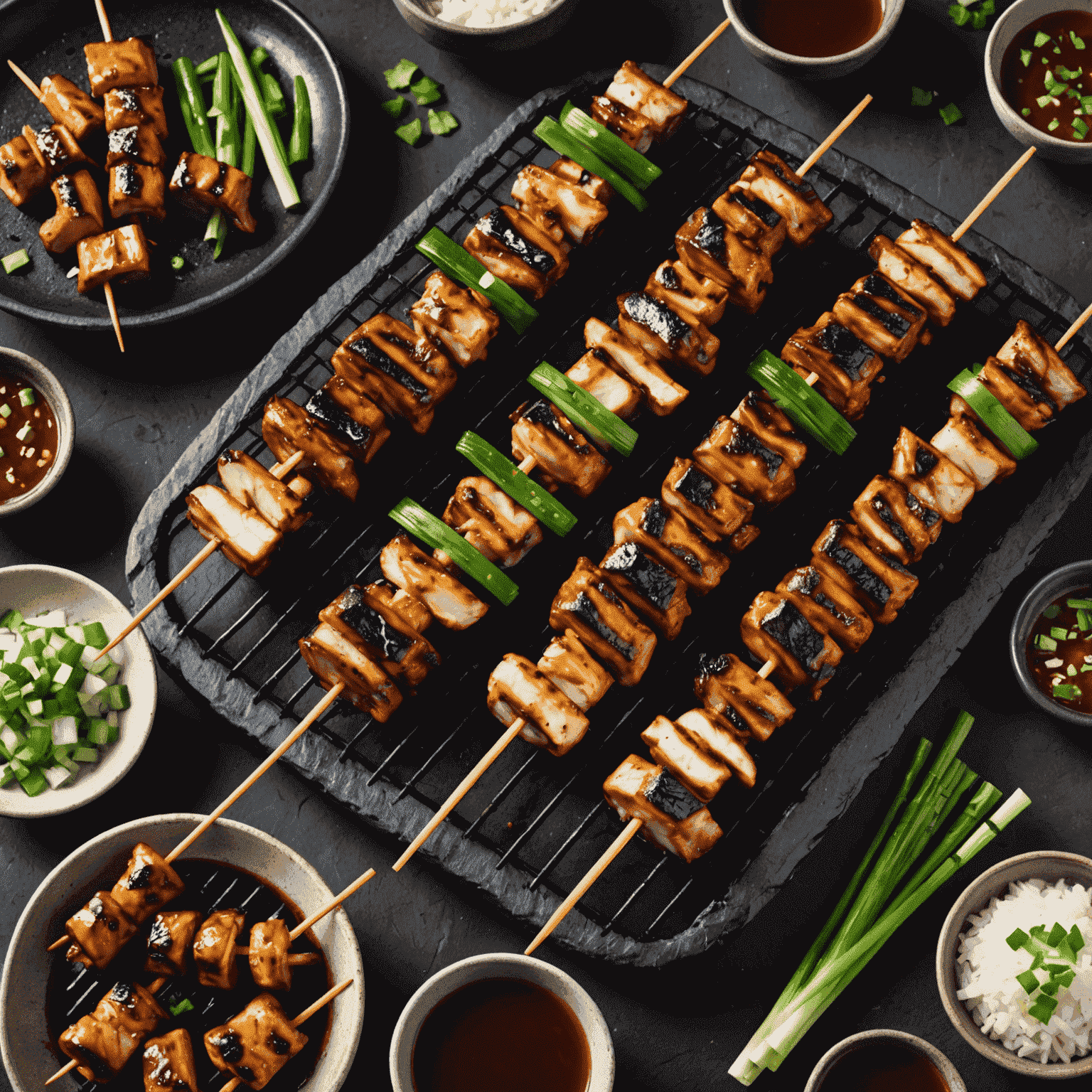 Assorted yakitori skewers grilling over charcoal, including chicken thigh, green onion, and shiitake mushroom