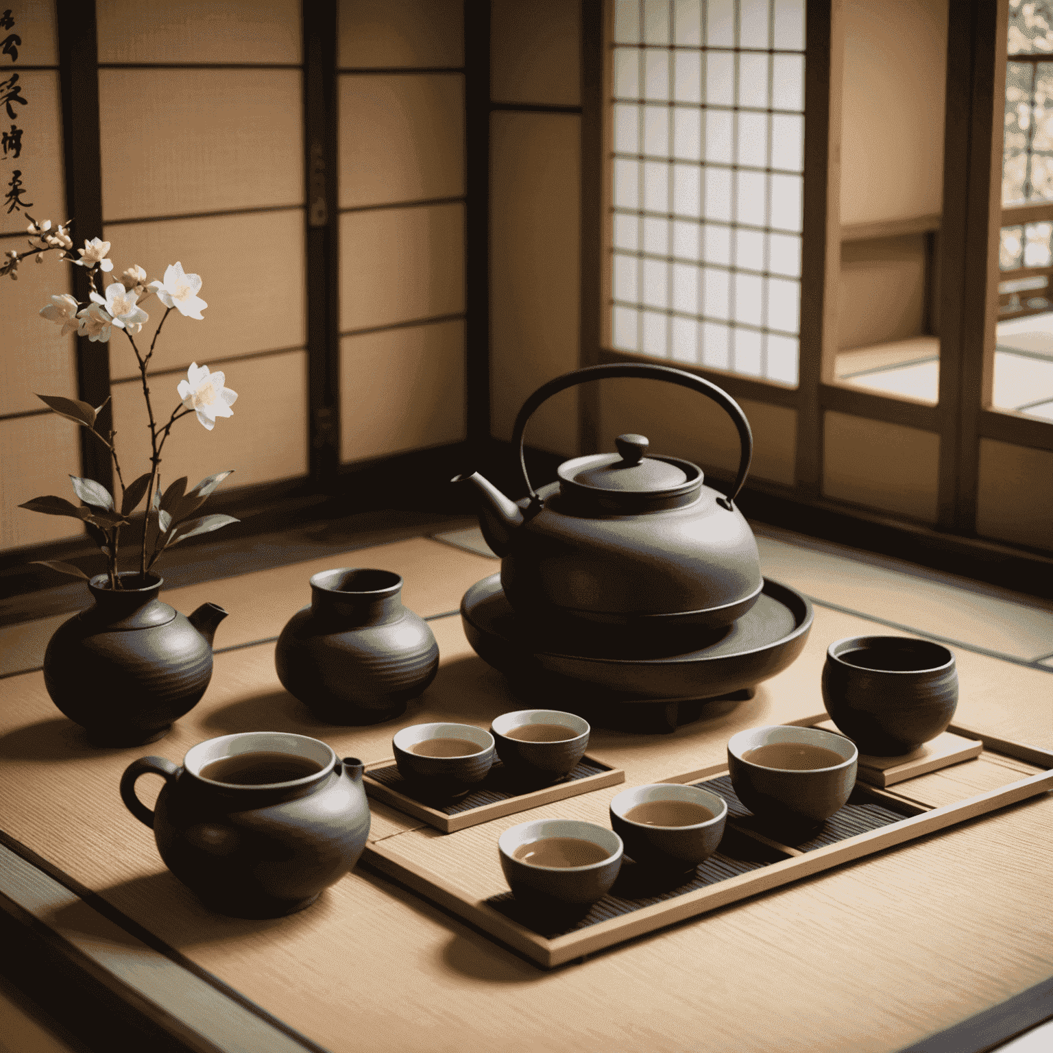 A serene tea room setting with tatami mats, a traditional iron kettle, ceramic tea bowls, and a tea master performing the intricate steps of the tea ceremony